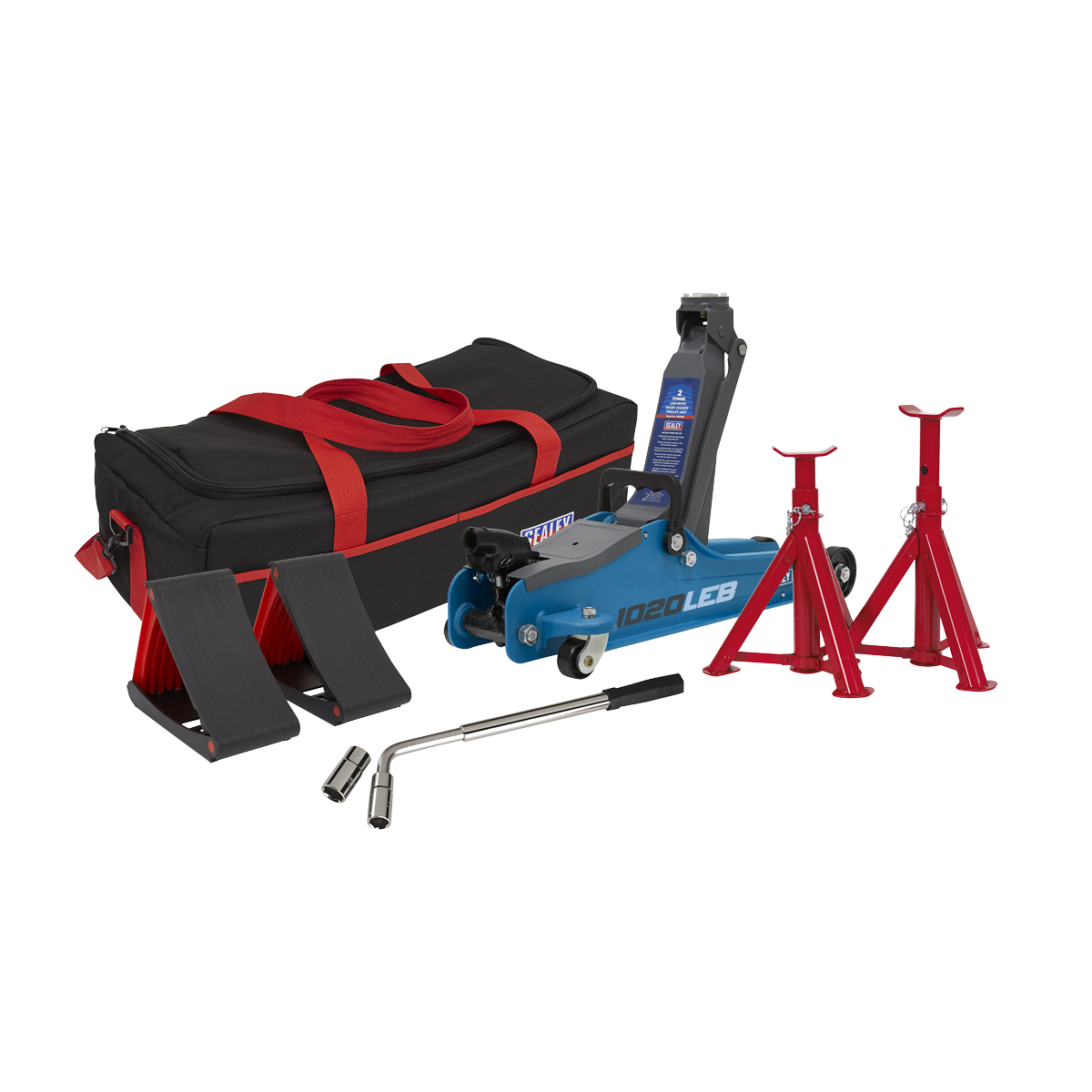 Trolley Jack 2tonne Low Entry Short Chassis & Accessories Bag Combo – Blue