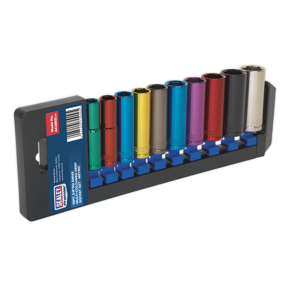 Multi-Coloured Socket Set 10pc 3/8″Sq Drive 6pt Deep WallDrive® Metric