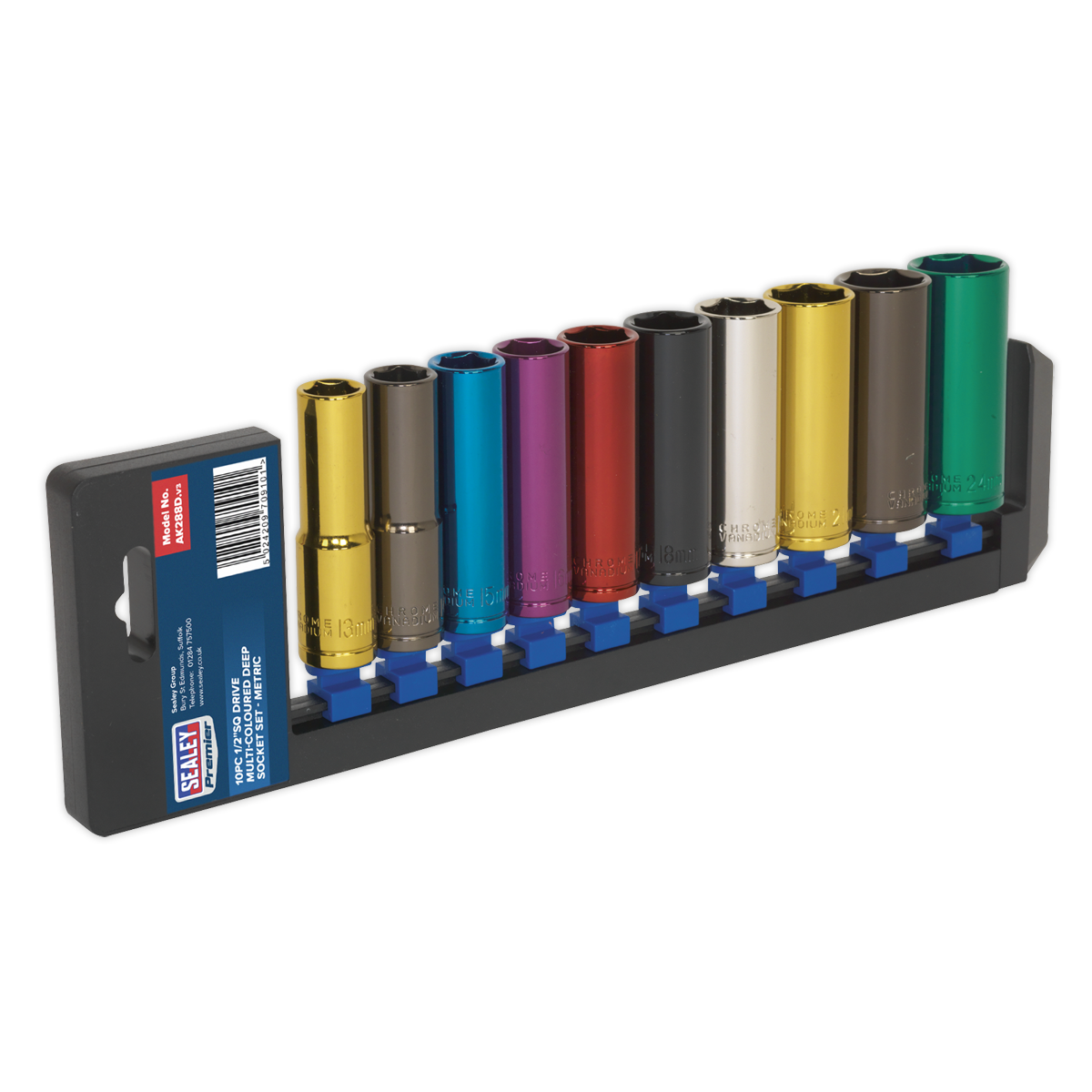 Multi-Coloured Socket Set 10pc 1/2″Sq Drive 6pt Deep WallDrive® Metric