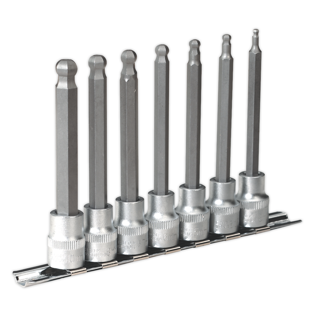 Ball-End Hex Socket Bit Set 7pc Metric 3/8″Sq Drive 100mm