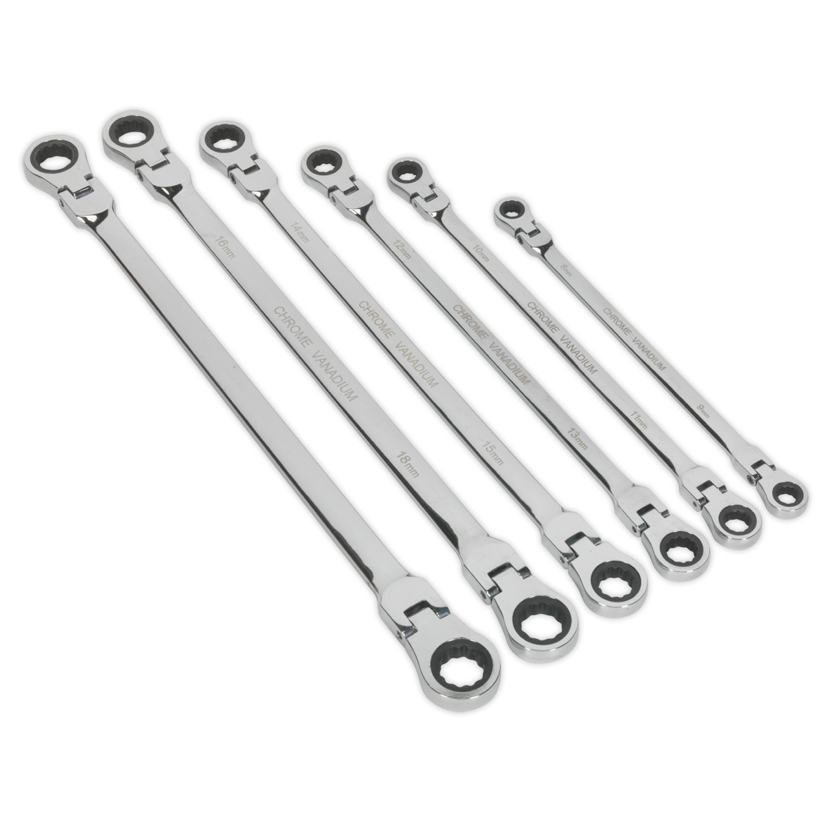 Flexi-Head Double End Ratchet Ring Spanner Set 6pc Extra-Long Metric