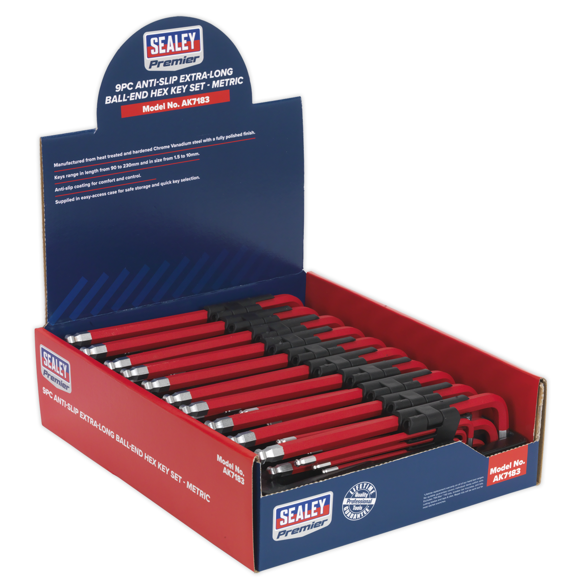 Ball-End Hex Key Set 9pc Extra-Long Anti-Slip Display Box of 10