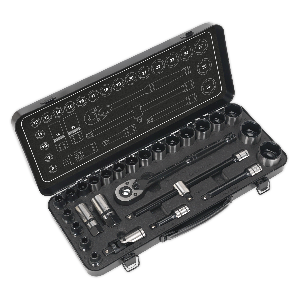 Socket Set 28pc 1/2″Sq Drive 6pt WallDrive® Metric Black Series