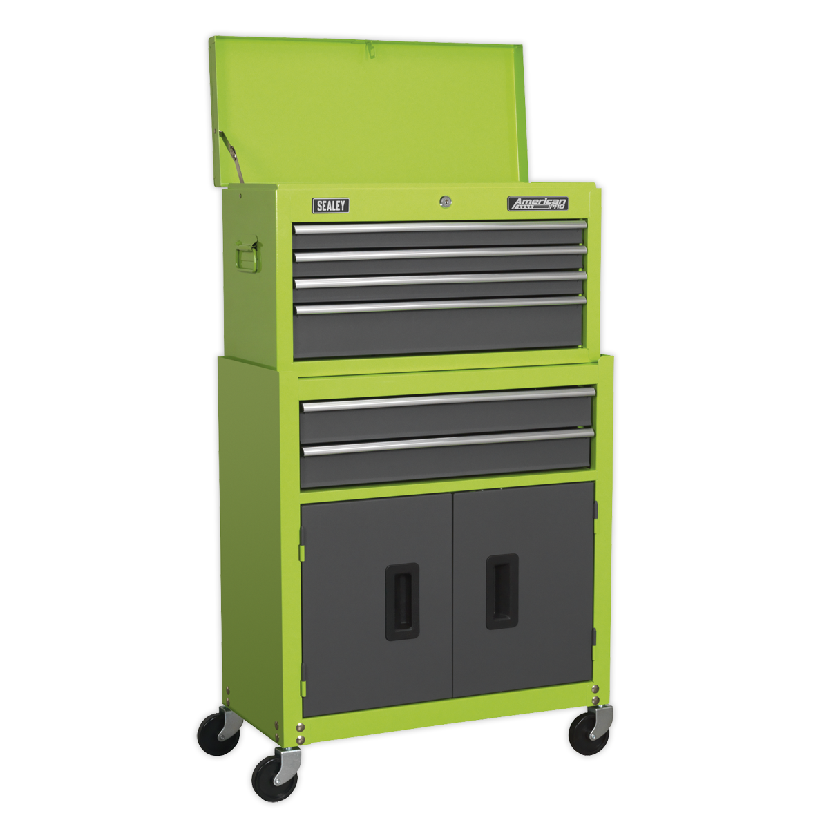 Topchest & Rollcab Combination 6 Drawer with Ball-Bearing Slides – Hi-Vis Green/Grey