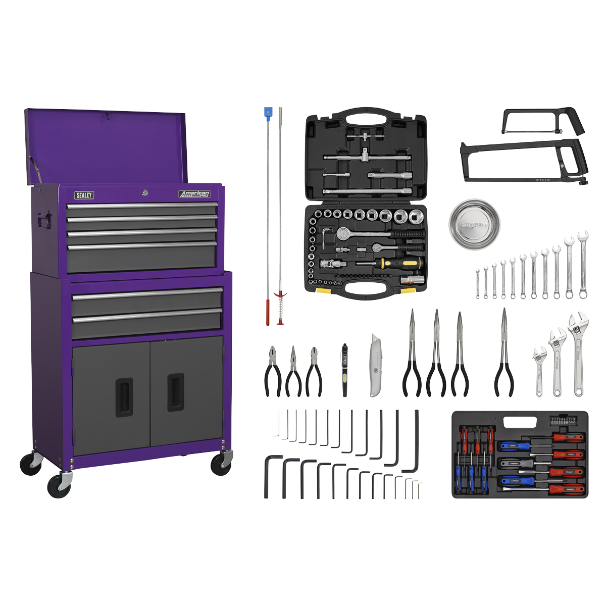 Topchest & Rollcab Combination 6 Drawer with Ball-Bearing Slides – Purple/Grey & 128pc Tool Kit