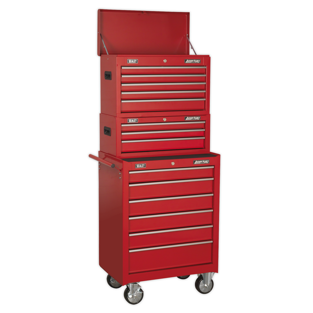 Topchest, Mid-Box & Rollcab 14 Drawer Stack – Red