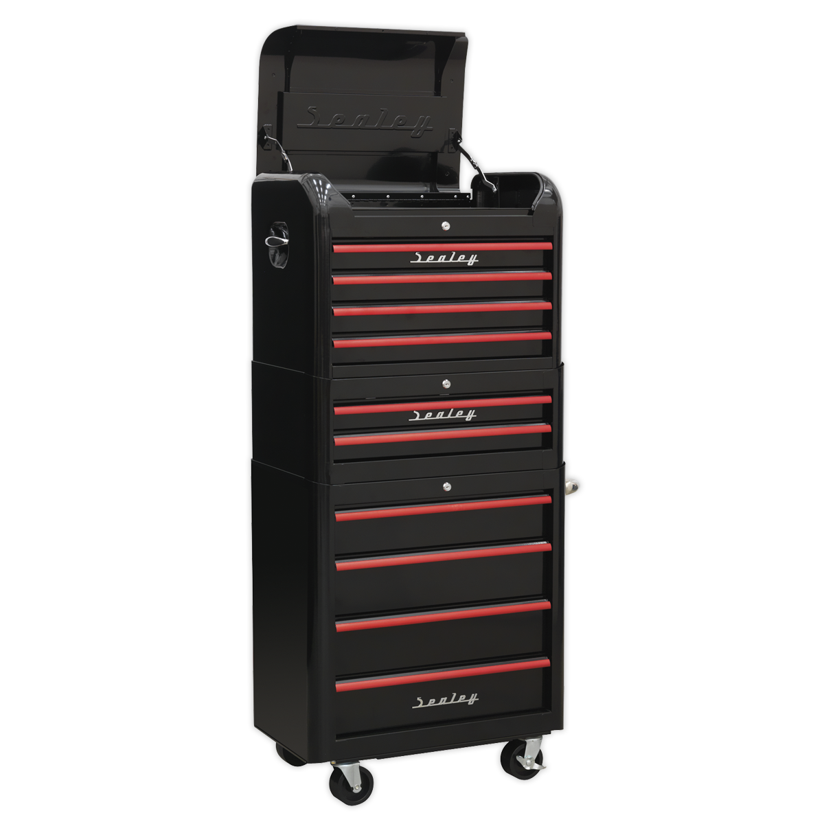 Retro Style Topchest, Mid-Box & Rollcab Combination 10 Drawer – Black with Red Anodised Drawer Pulls