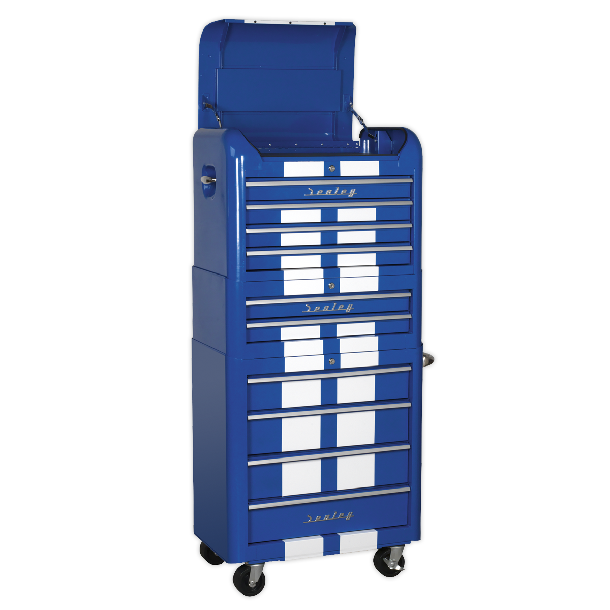 Retro Style Topchest, Mid-Box & Rollcab Combination 10 Drawer Blue/White Stripes