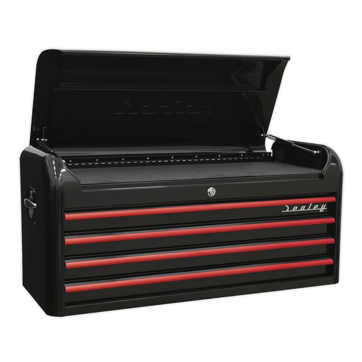 Topchest 4 Drawer Wide Retro Style – Black with Red Anodised Drawer Pulls