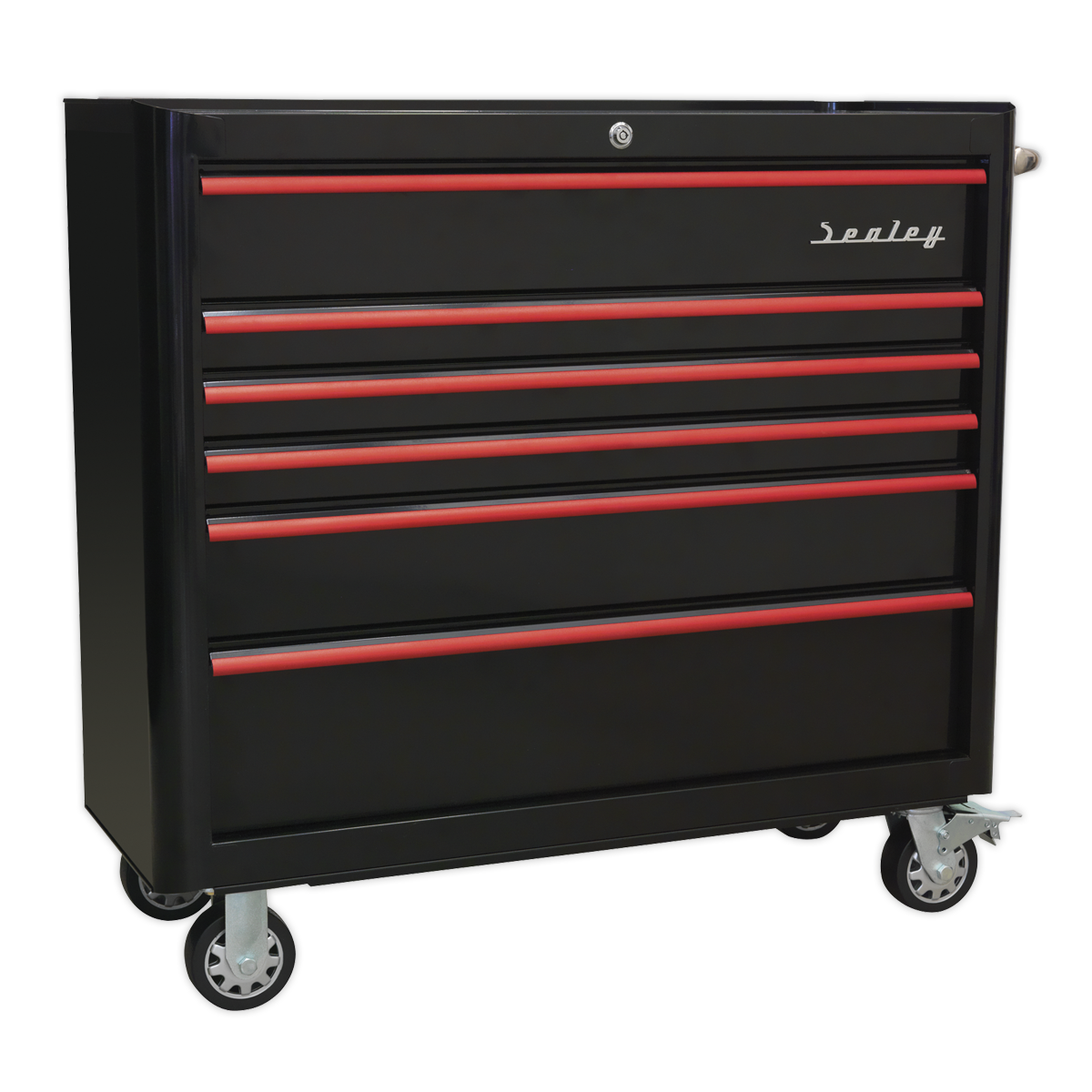 Rollcab 6 Drawer Wide Retro Style – Black with Red Anodised Drawer Pulls