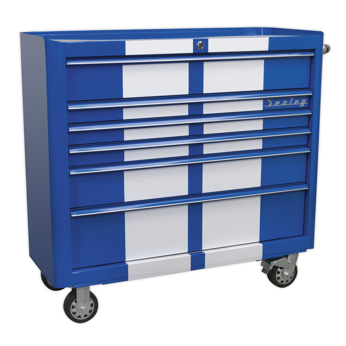 Rollcab 6 Drawer Wide Retro Style – Blue with White Stripes
