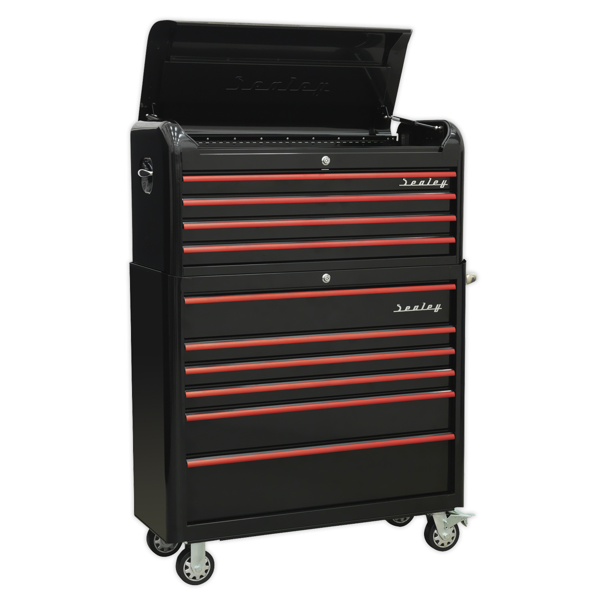 Retro Style Extra-Wide Topchest & Rollcab Combination 10 Drawer-Black with Red Anodised Drawer Pull