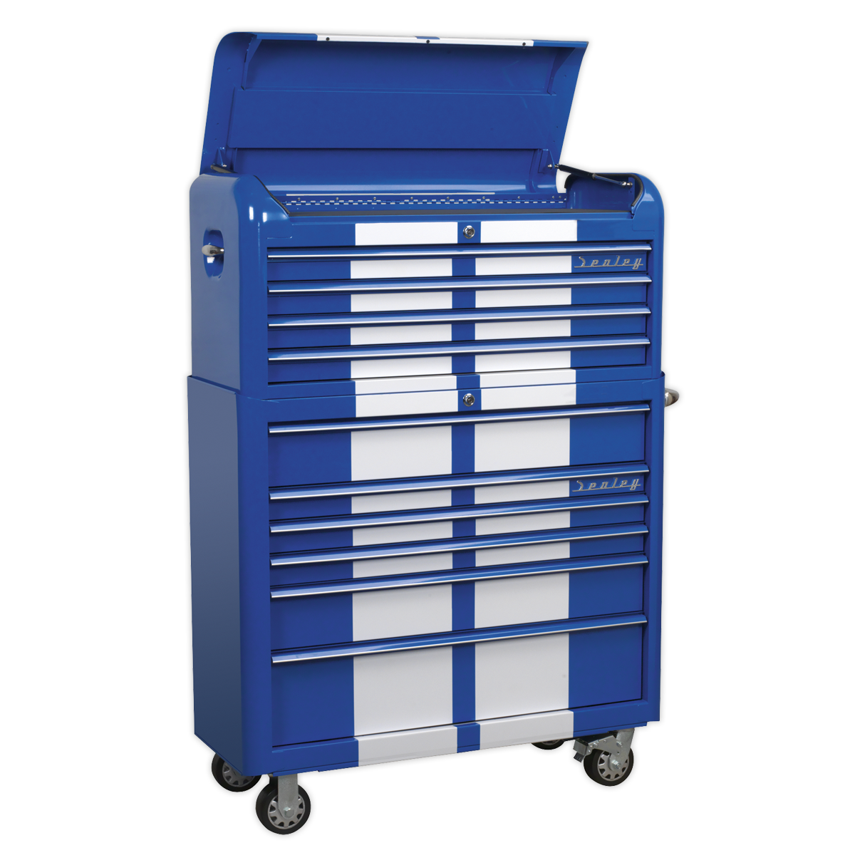 Retro Style Extra-Wide Topchest & Rollcab Combination 10 Drawer Blue/White Stripes