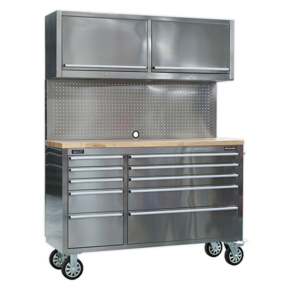 Mobile Stainless Steel Tool Cabinet 10 Drawer with Backboard & 2 Wall Cupboards