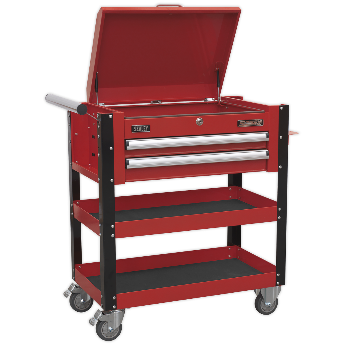 Heavy-Duty Mobile Tool & Parts Trolley 2 Drawers & Lockable Top – Red