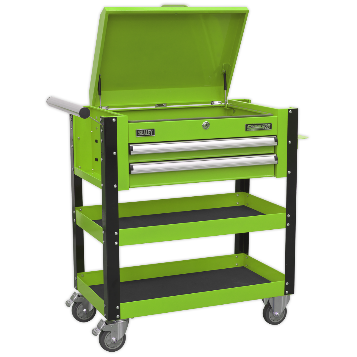 Heavy-Duty Mobile Tool & Parts Trolley 2 Drawers & Lockable Top – Hi-Vis Green
