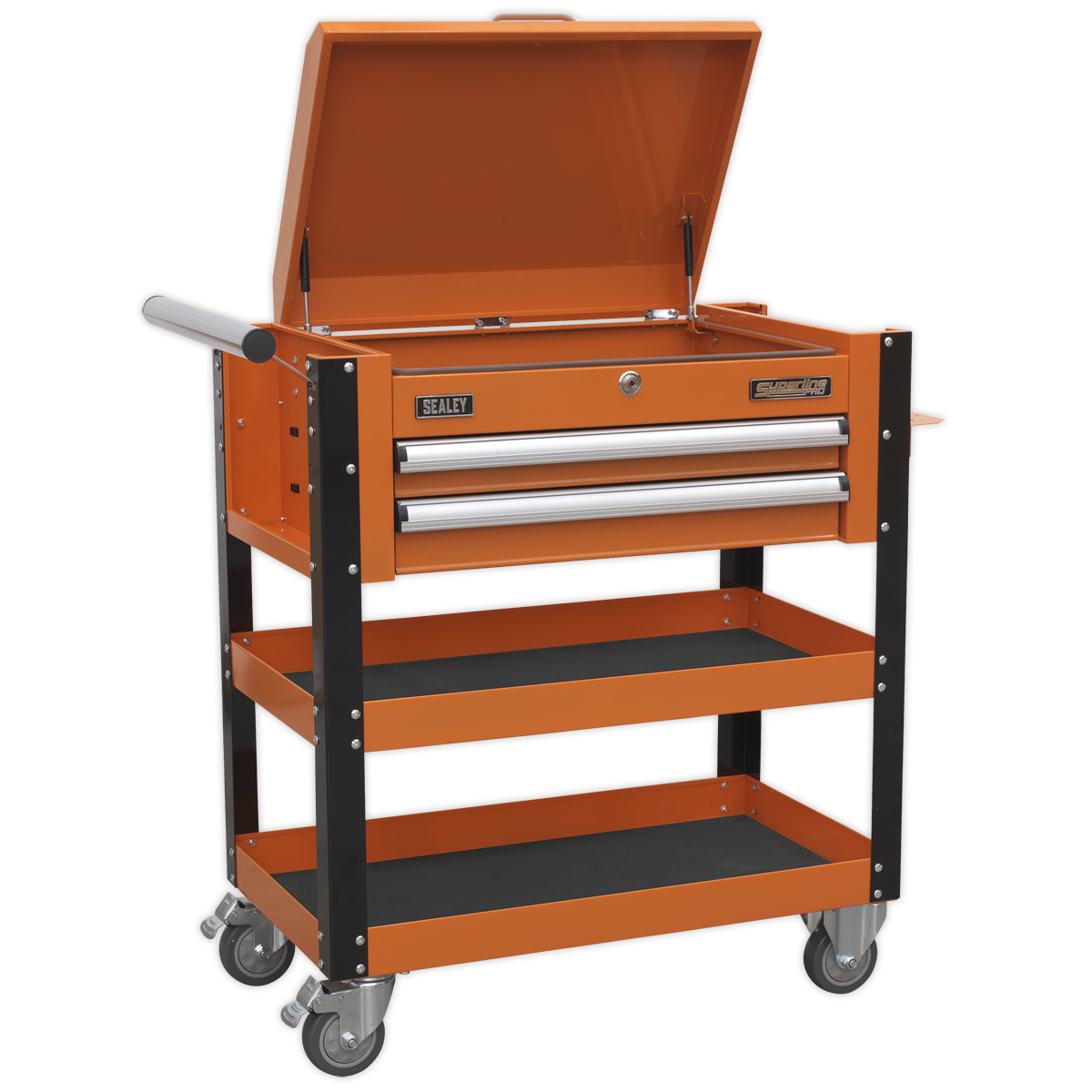 Heavy-Duty Mobile Tool & Parts Trolley 2 Drawers & Lockable Top – Orange