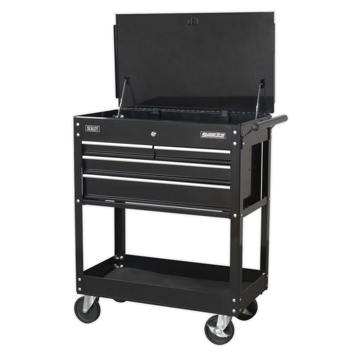 Heavy-Duty Mobile Tool & Parts Trolley with 4 Drawers & Lockable Top – Black