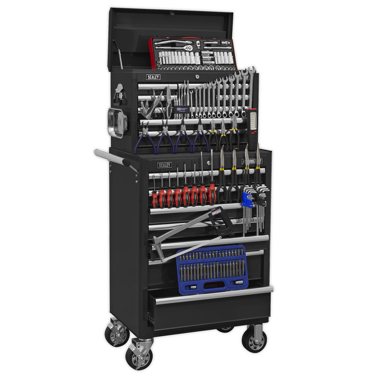 Topchest & Rollcab Combination 15 Drawer with Ball Bearing Slides – Black & 147pc Tool Kit