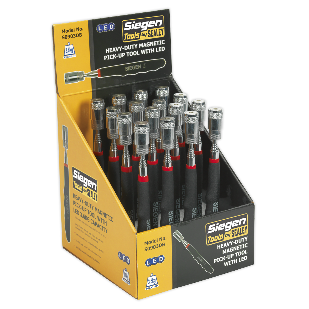 Heavy-Duty Magnetic Pick-Up Tool with LED 3.6kg Capacity Display Box of 16