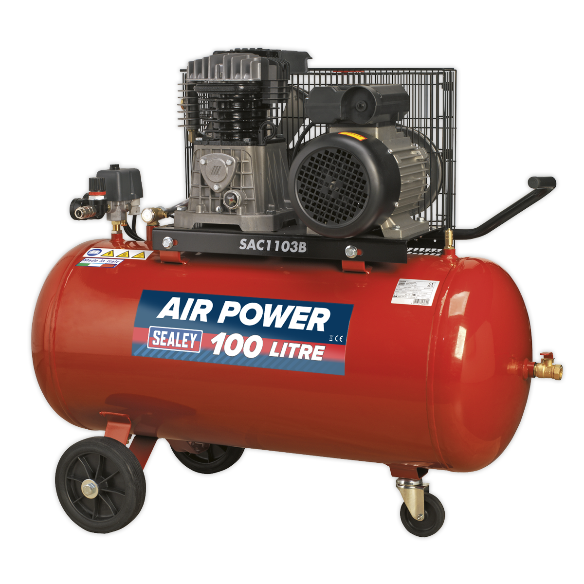 Air Compressor 100L Belt Drive 3hp with Cast Cylinders & Wheels