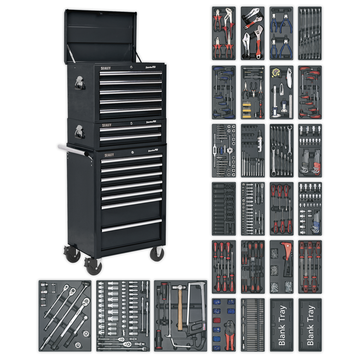 Tool Chest Combination 14 Drawer with Ball Bearing Slides – Black & 1179pc Tool Kit