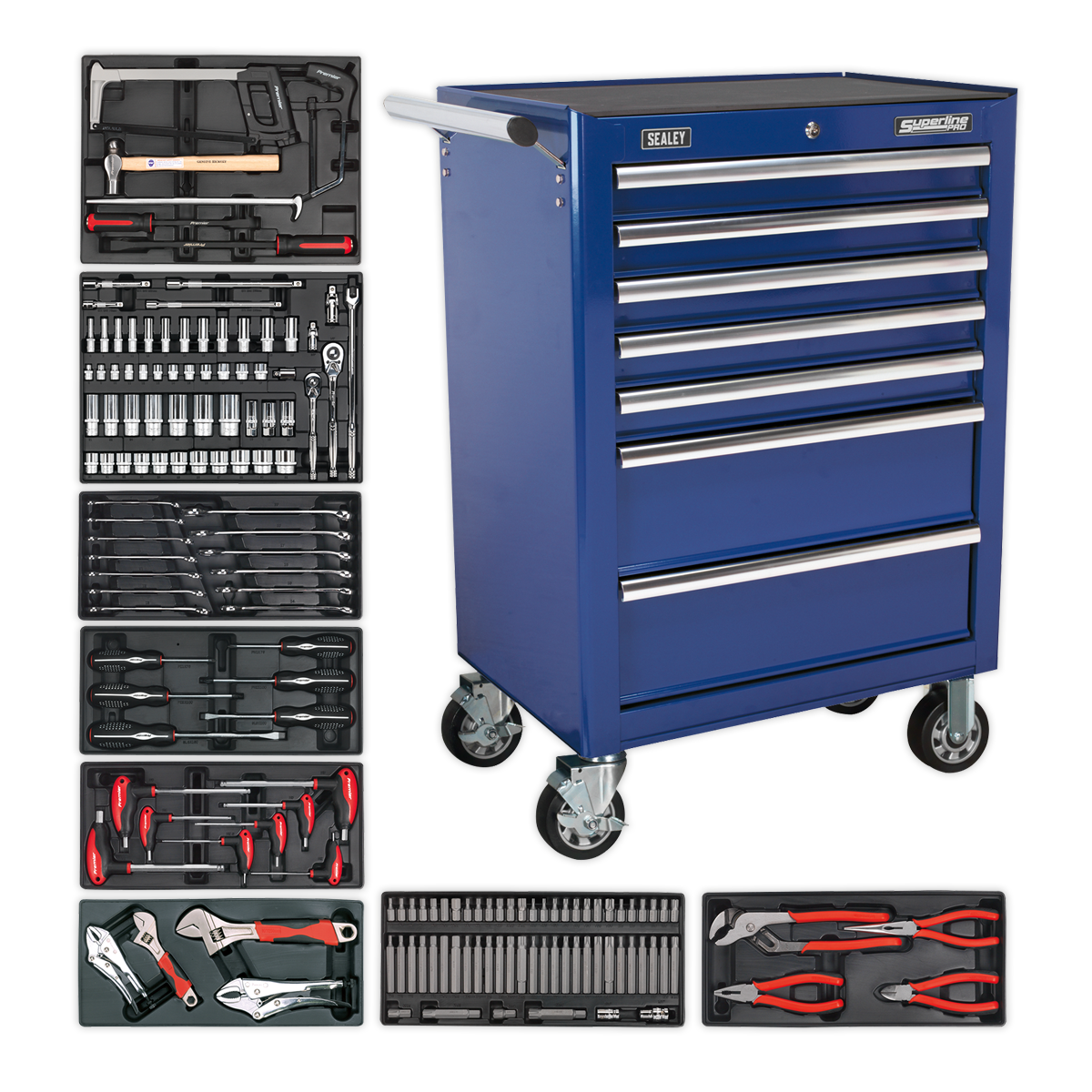 Rollcab 7 Drawer – Ball Bearing Slides – Blue with 156pc Tool Kit