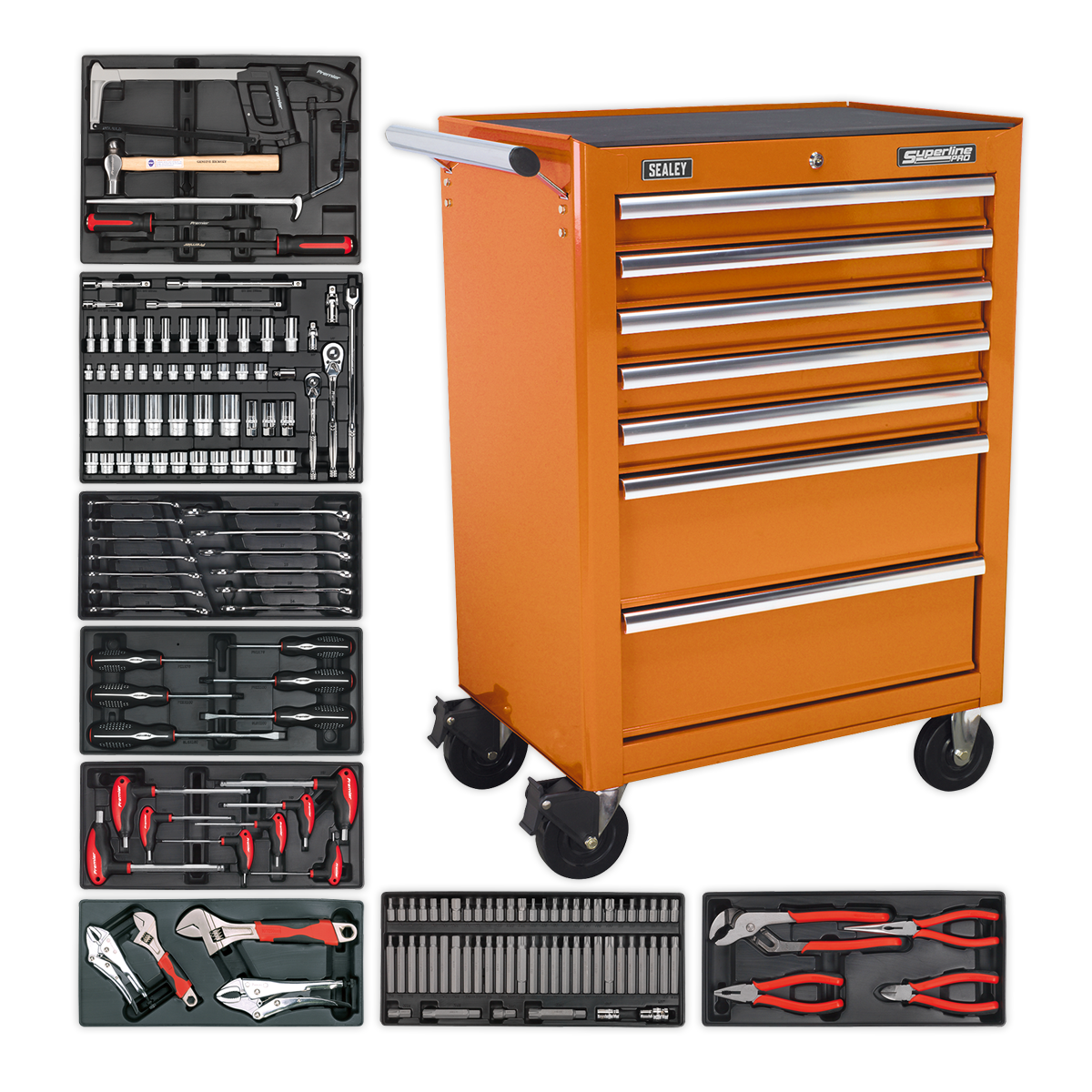 Rollcab 7 Drawer – Ball Bearing Slides – Orange with 156pc Tool Kit